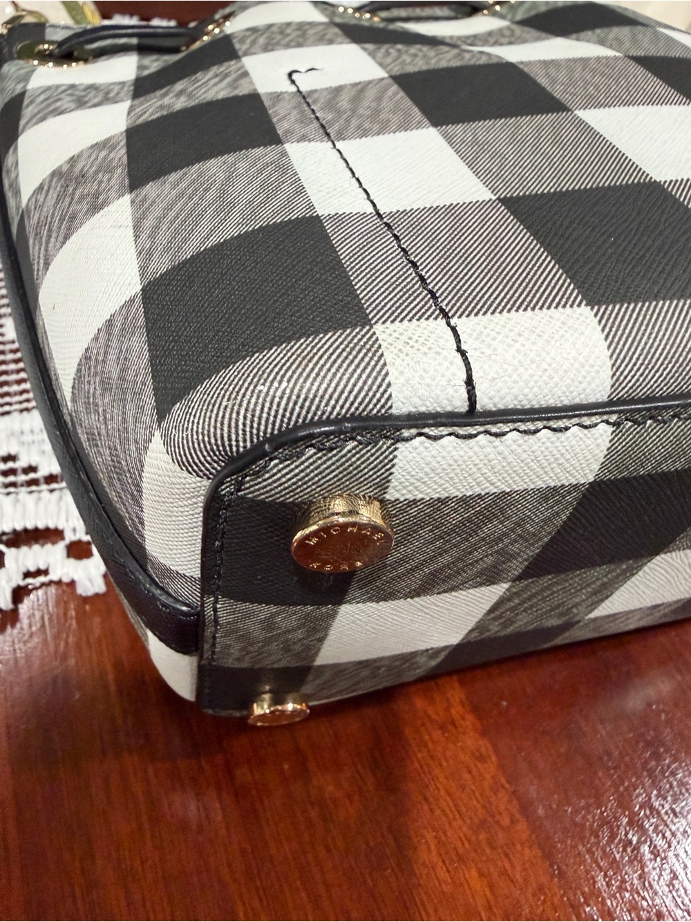 Michael Kors Black & White Gingham Drawstring Bucket Bag - Picture 12 of 16